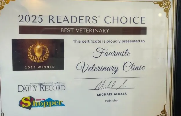 2025 Readers' Choice Best Veterinary award certificate for Fourmile Veterinary Clinic.